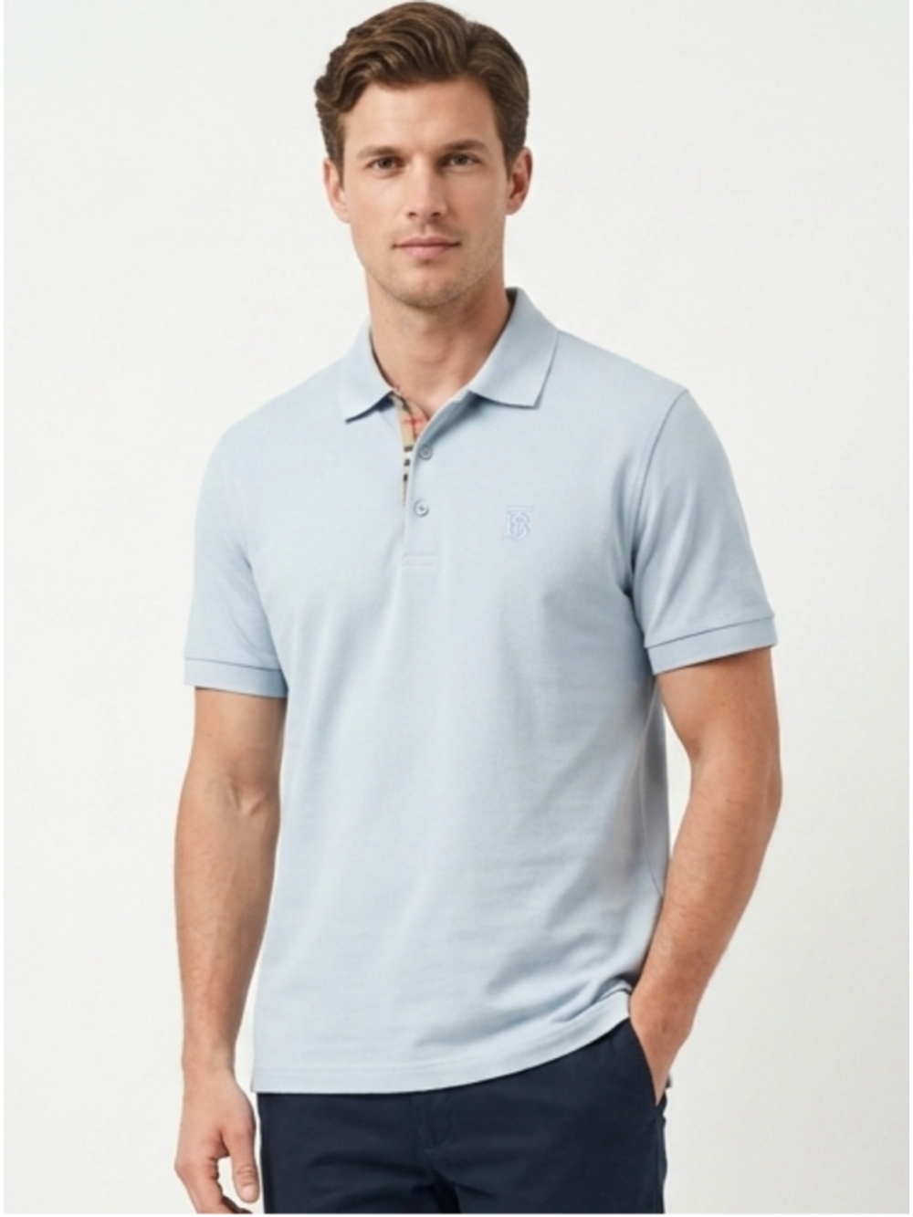 Burberry Men’s 'Eddie' Monogram Motif Check Placket Polo Shirt Light Blue XL 679